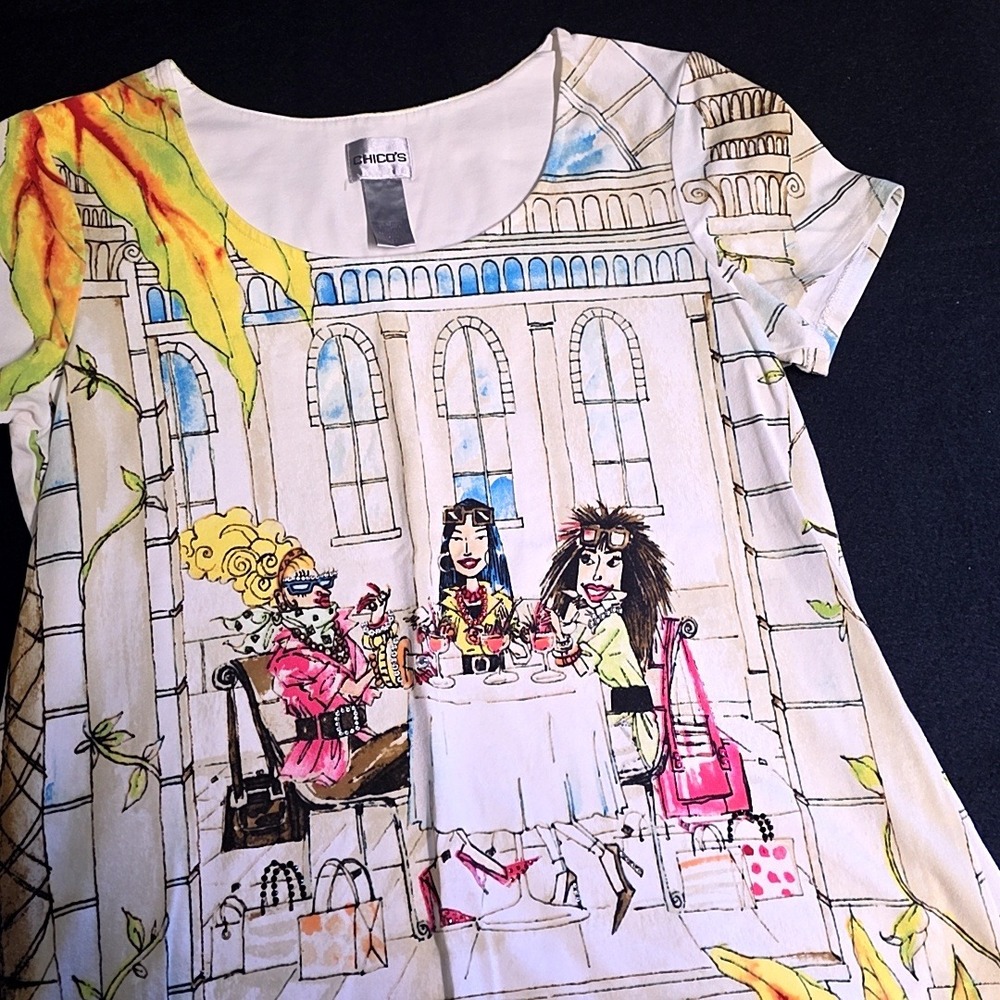 Vtg Chico's Graphic T-Shirt Womens 1 US M Ladies Lunch Tropical Fashion Art Tee